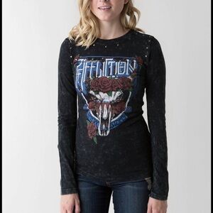 Affliction Women's American Customs Blake Long Sleeve Shirt Studded Skull XS Y2K